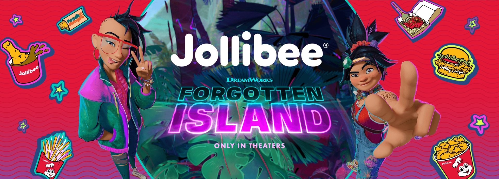 Graphic of Jollibee and Dream Works Forgotten Island movie with the two main characters on a red background.