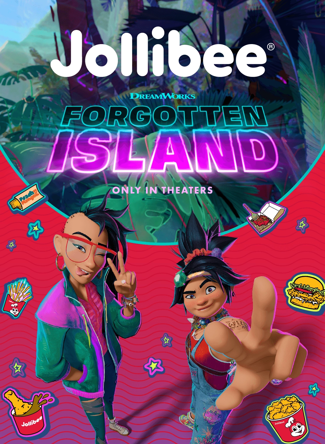 Graphic of Jollibee and Dream Works Forgotten Island movie with the two main characters on a red background.