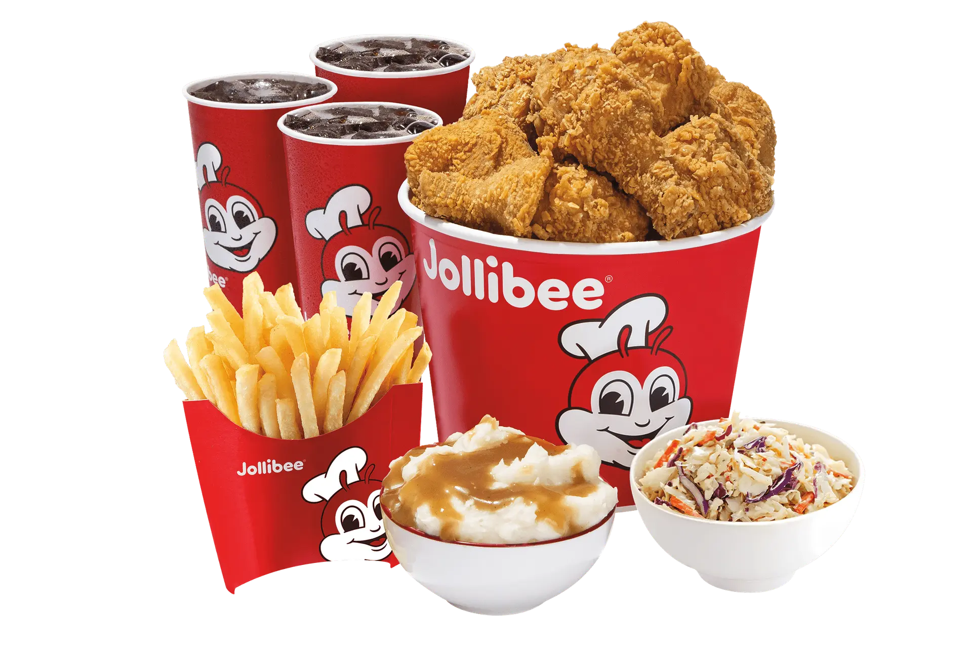 a bucket of fried chicken with three fountain drinks, french fries, mashed potato, and coleslaw on a transparent background.